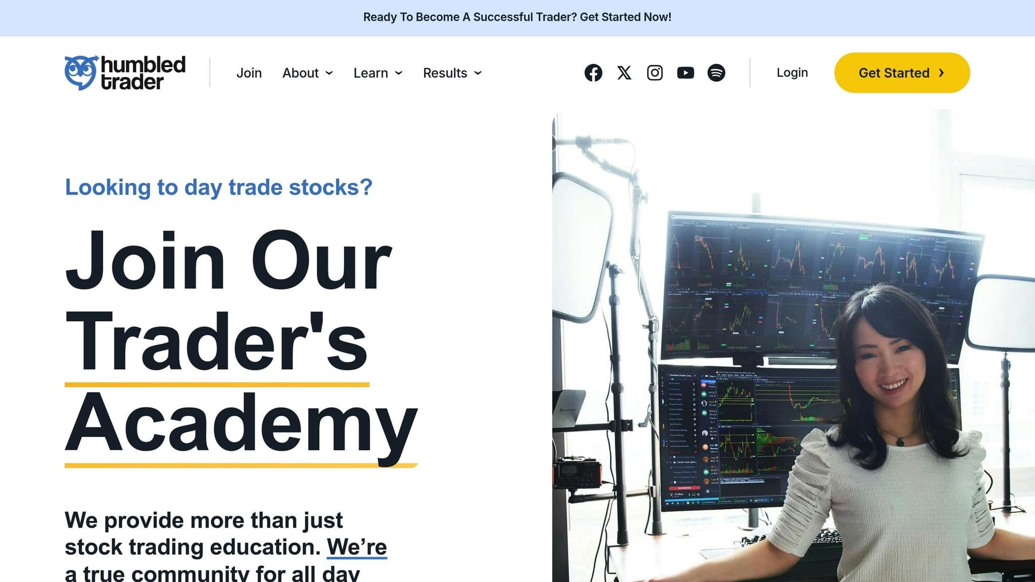 Humbled Trader homepage introducing its trading academy