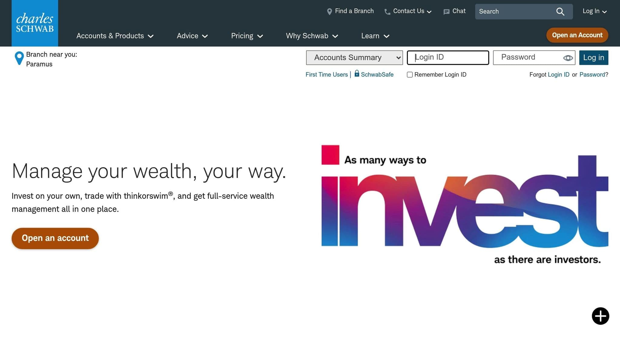 Charles Schwab homepage introducing investment and wealth management services