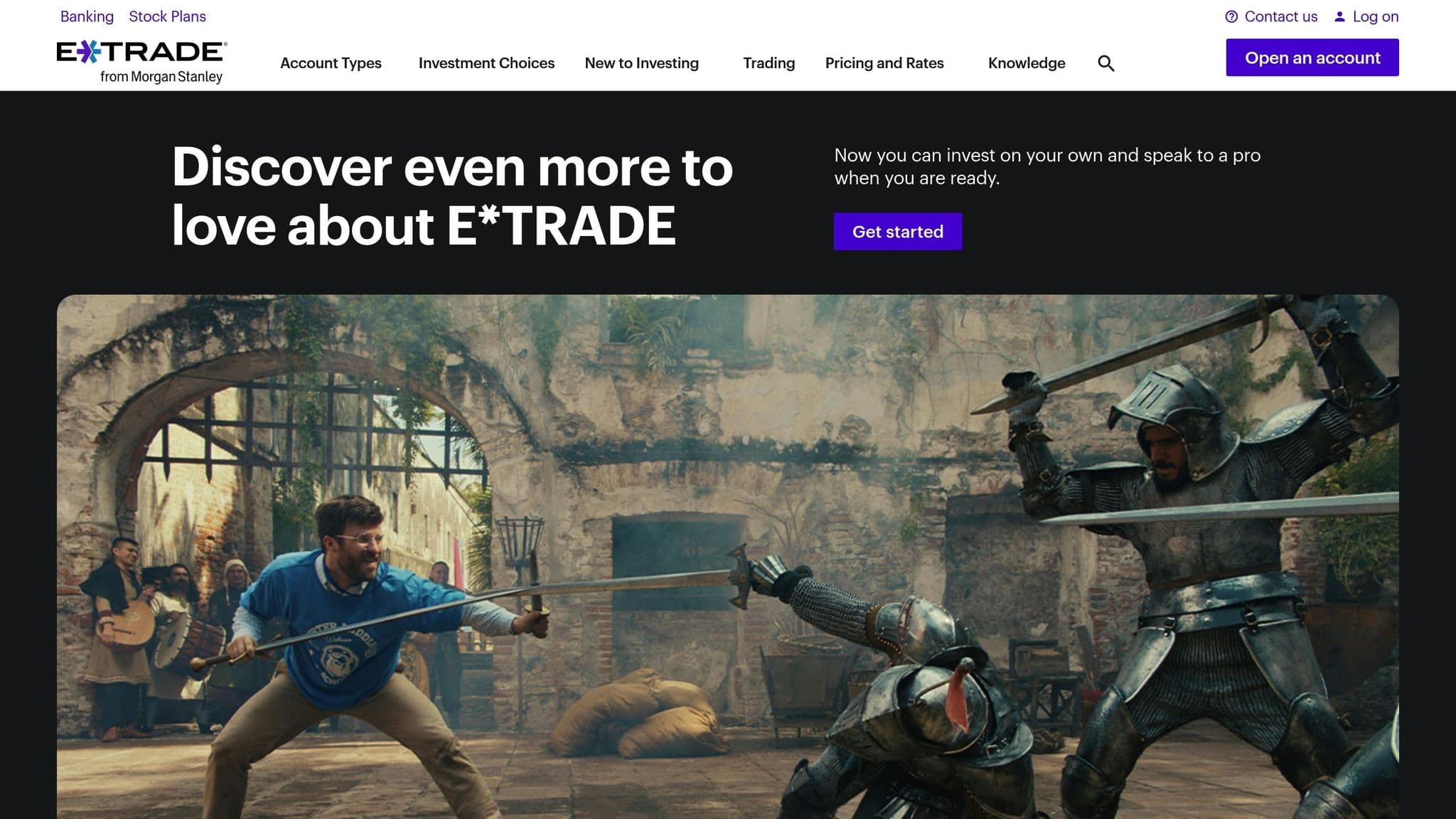 E*TRADE homepage introducing brokerage accounts and investment products