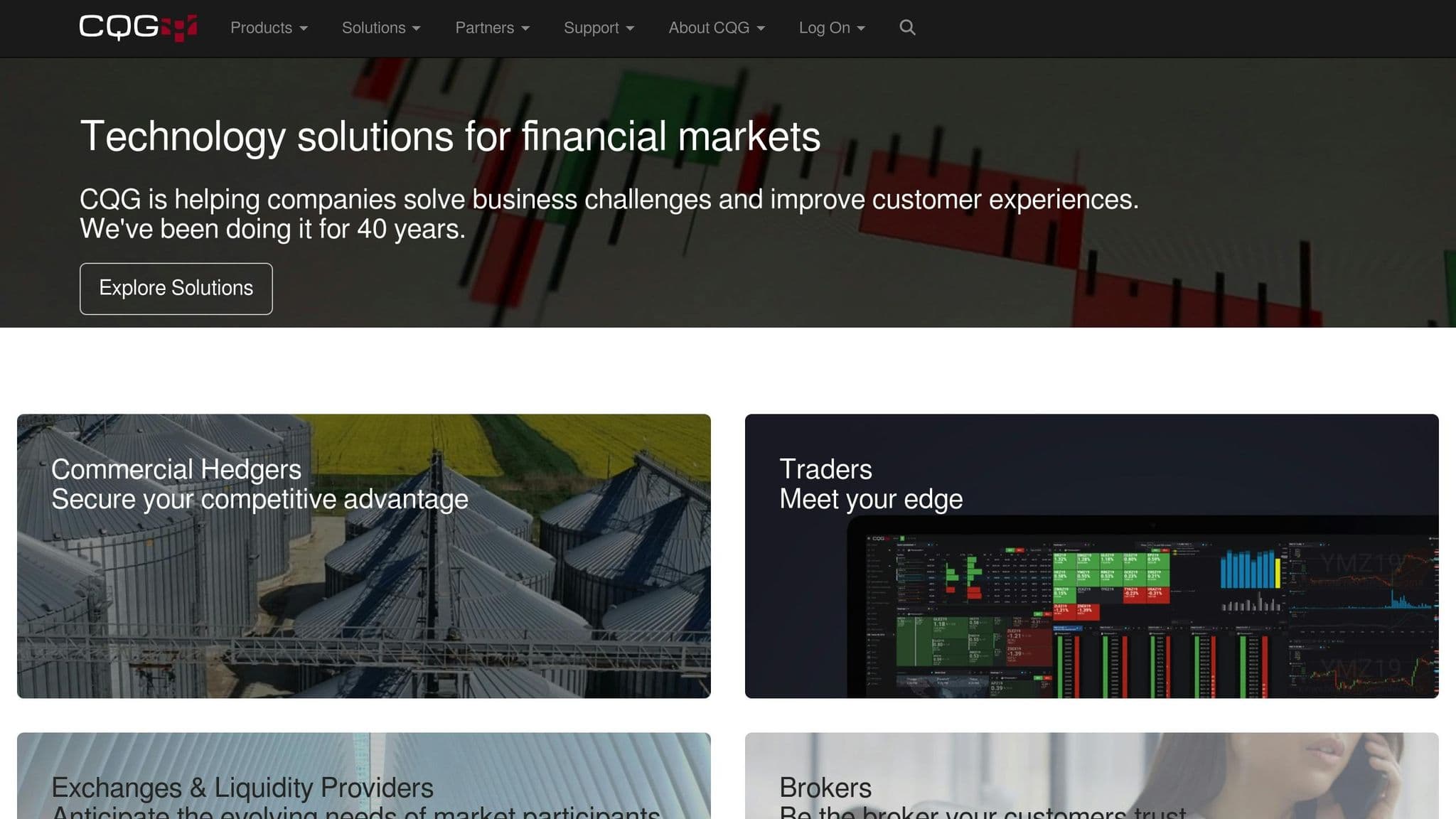 CQG homepage showing technology solutions for traders and financial markets