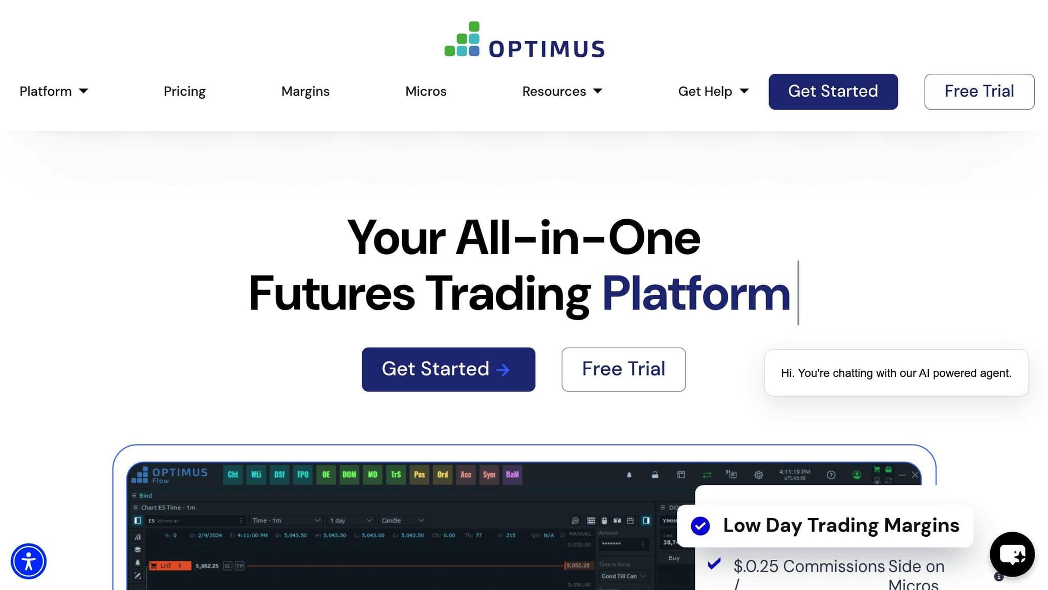 Optimus Futures homepage showing its futures trading platform and account options
