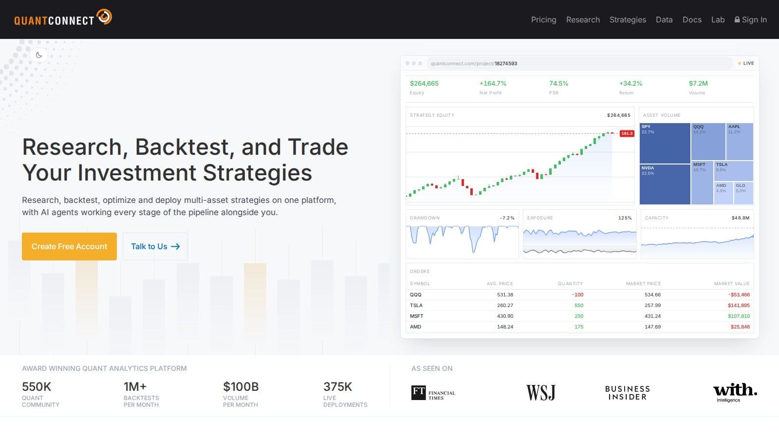 QuantConnect homepage, October 2026