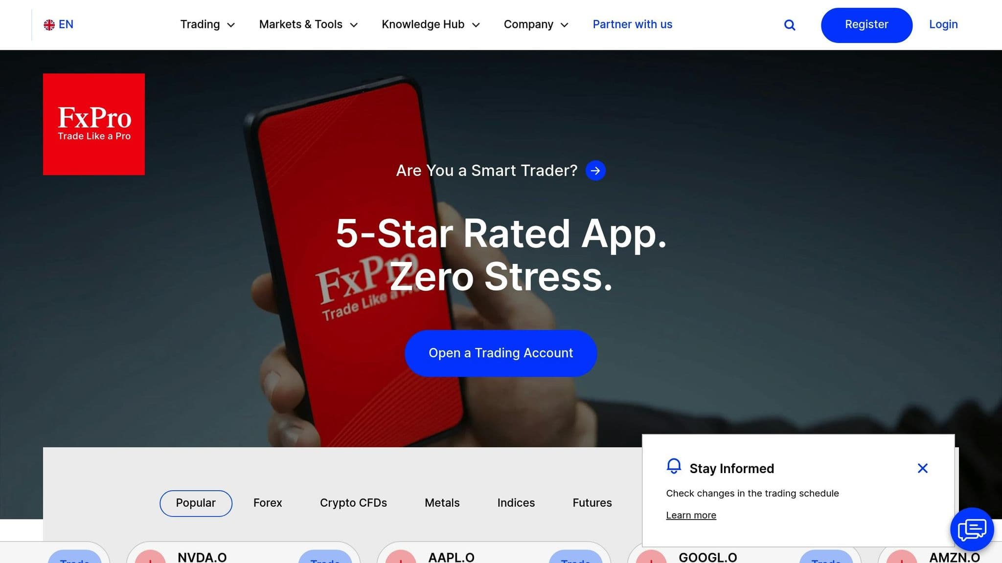 FxPro homepage introducing its mobile trading app