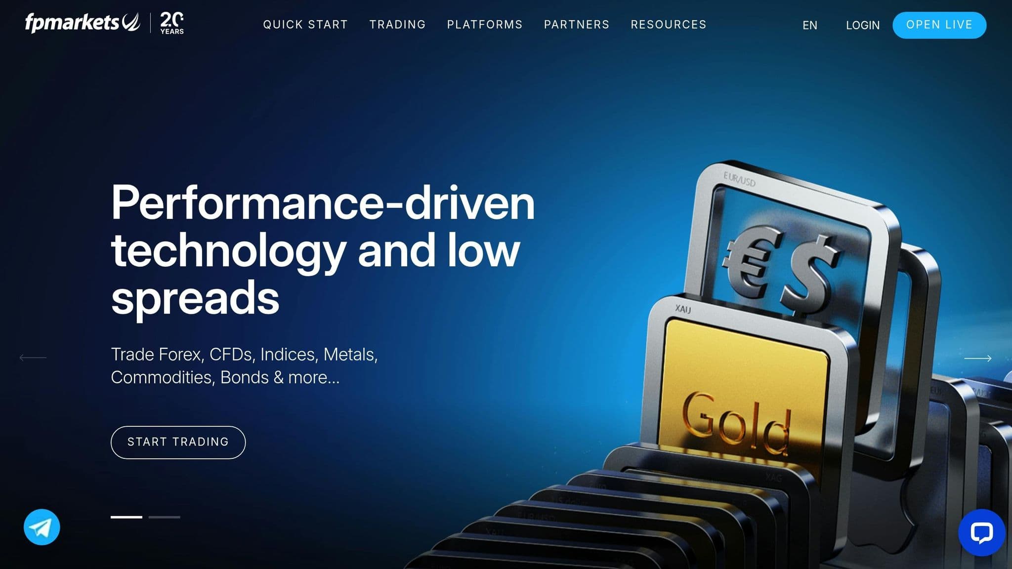 FP Markets homepage introducing trading markets and account options