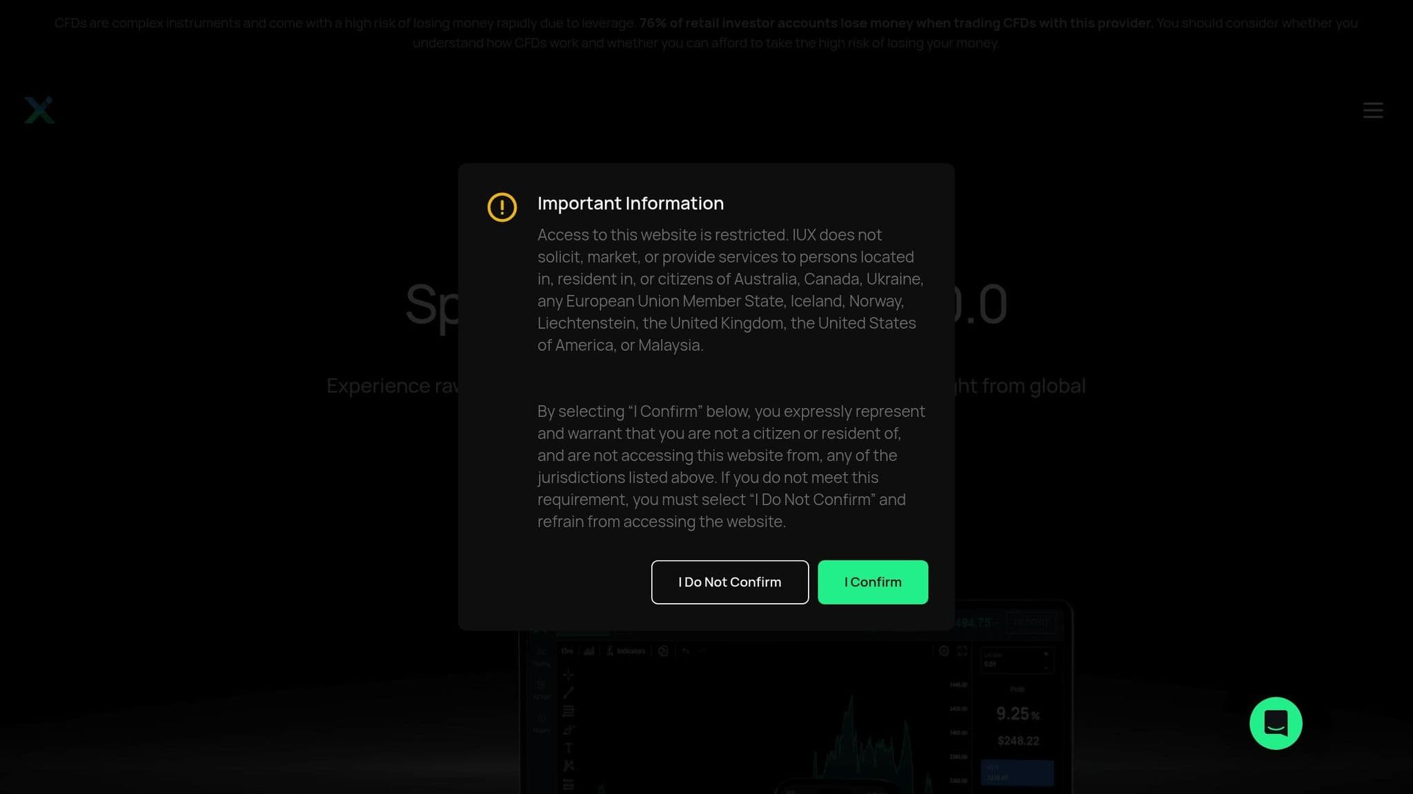 IUX homepage with a regional eligibility notice