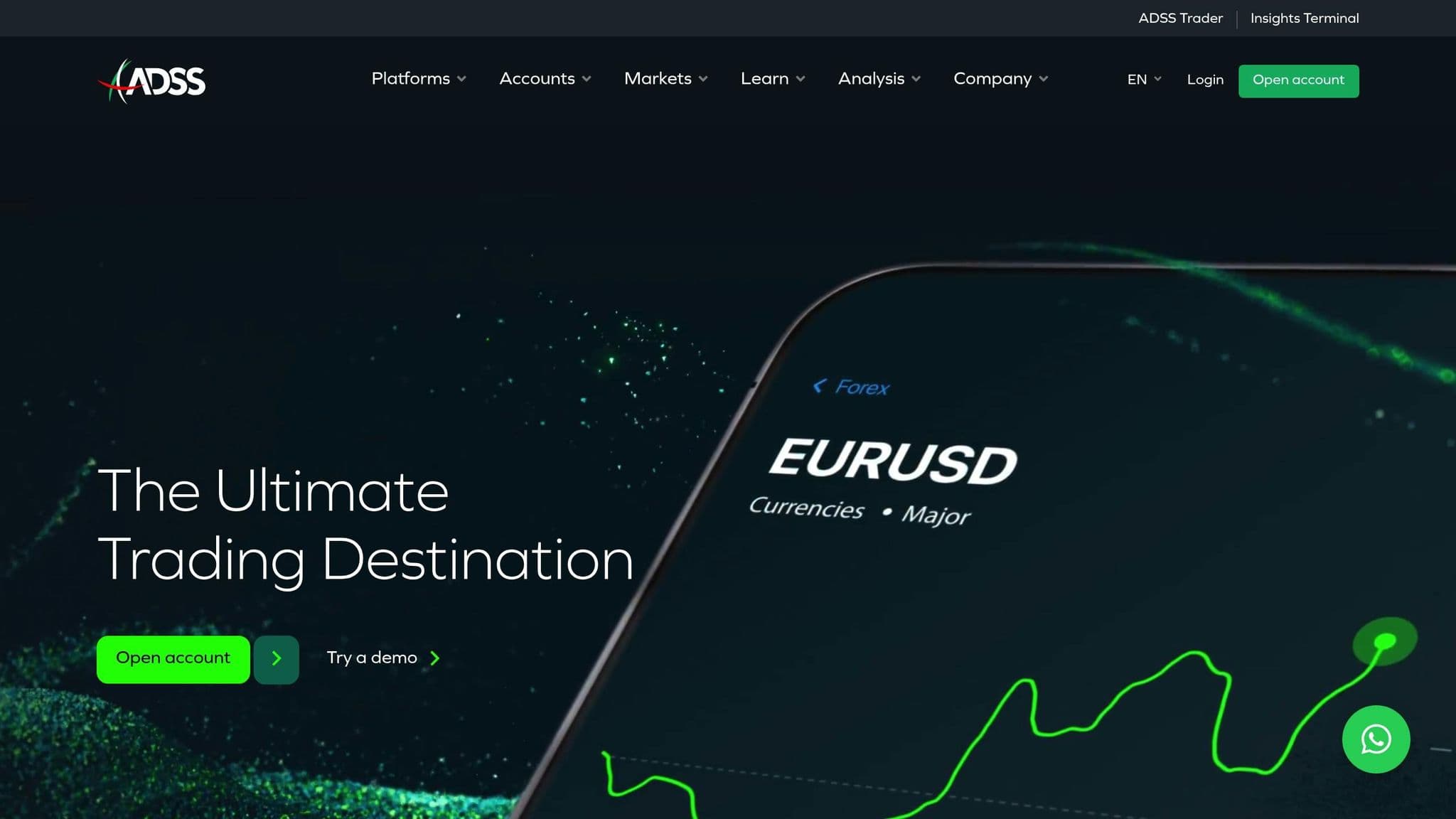 ADSS homepage introducing its trading platform and currency markets