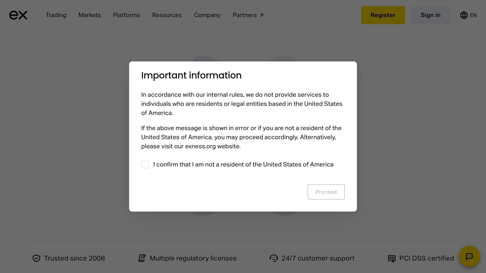 Exness homepage with a notice about US residency restrictions