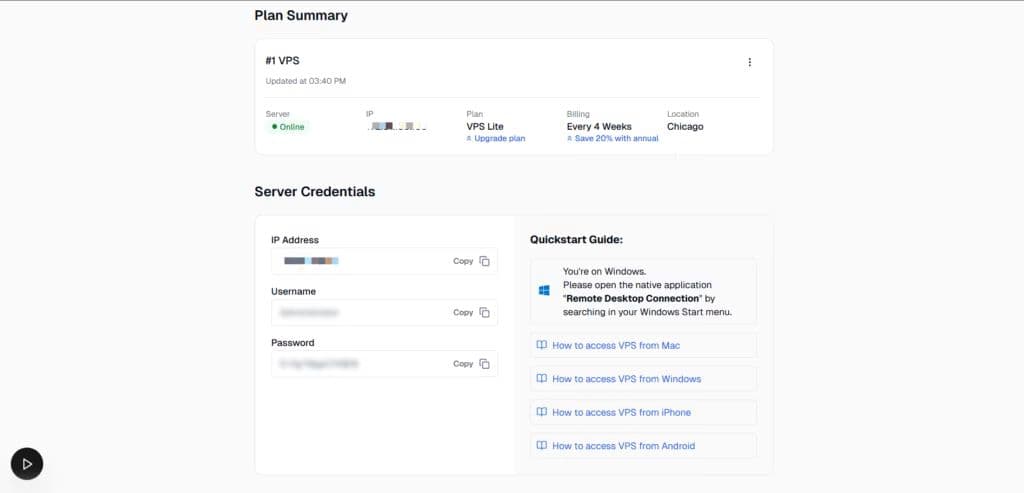 QuantVPS dashboard showing a plan summary and server credential fields
