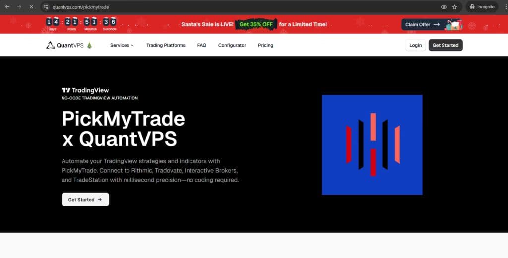 PickMyTrade and QuantVPS partnership page showing automated trading integrations