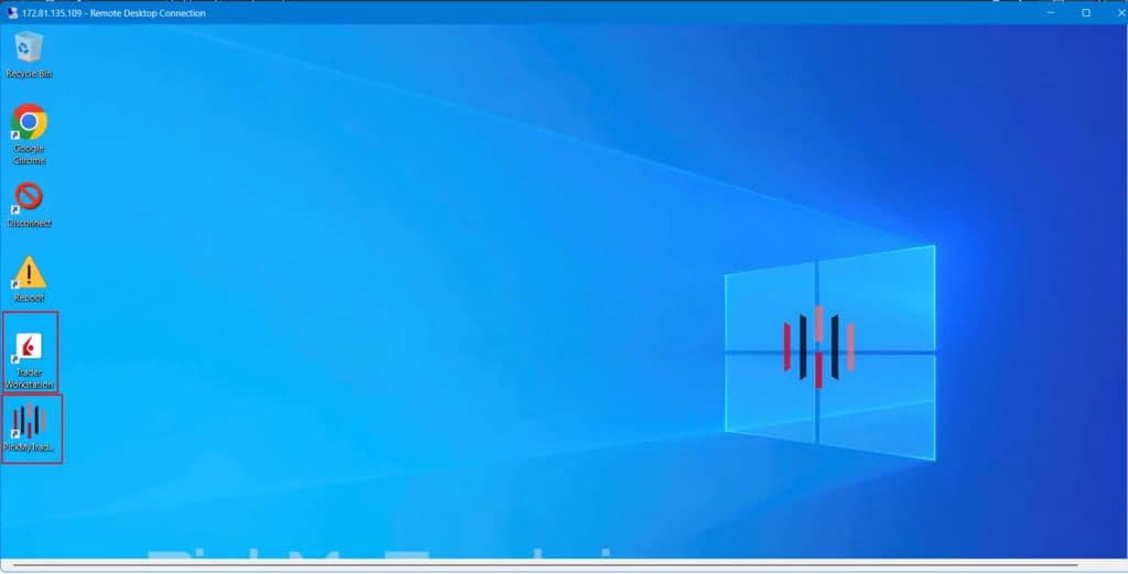 QuantVPS Windows desktop showing installed trading software shortcuts