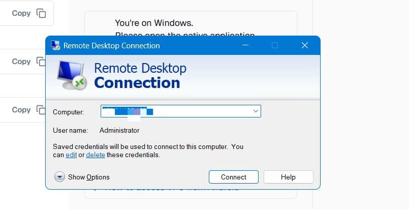 Windows Remote Desktop Connection dialog with server and username fields