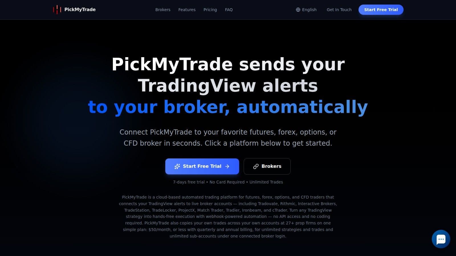 PickMyTrade homepage, October 2026