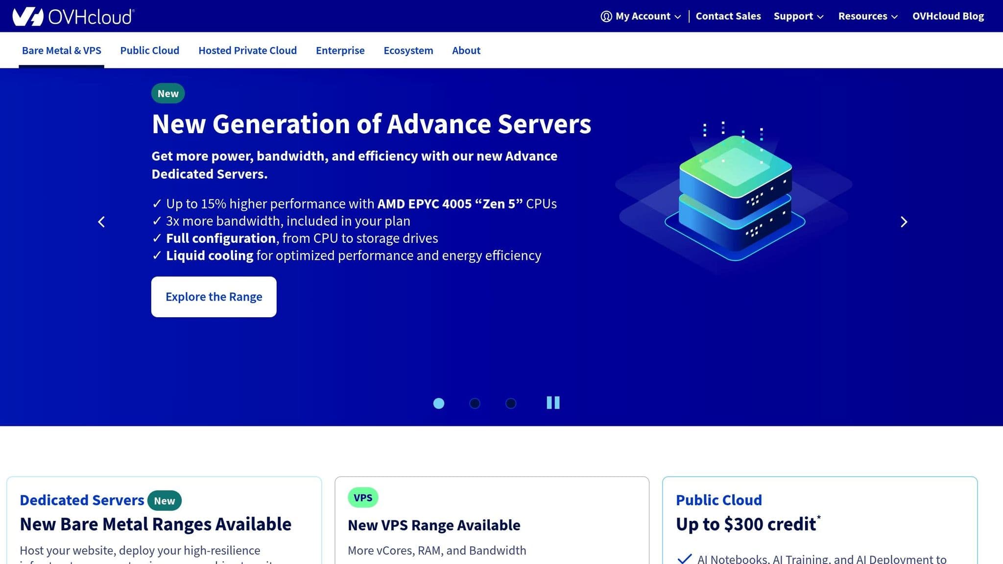 OVHcloud homepage introducing dedicated servers and cloud services
