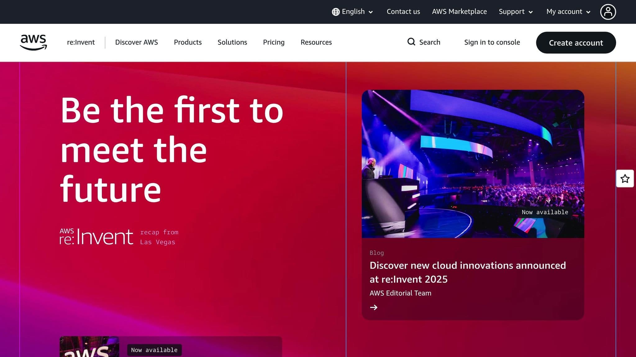 Amazon Web Services homepage promoting AWS re:Invent
