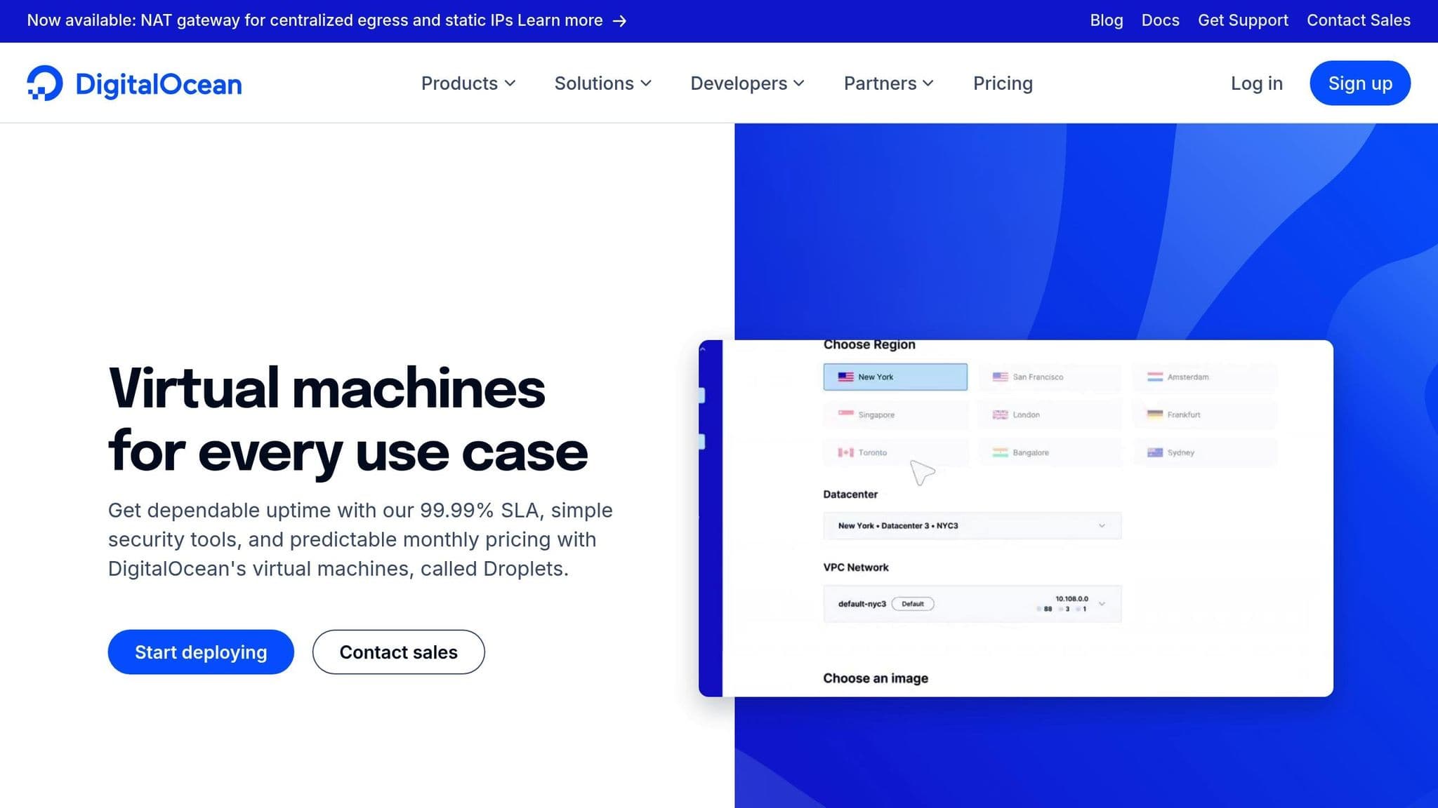 DigitalOcean page introducing virtual machines and Droplet configuration