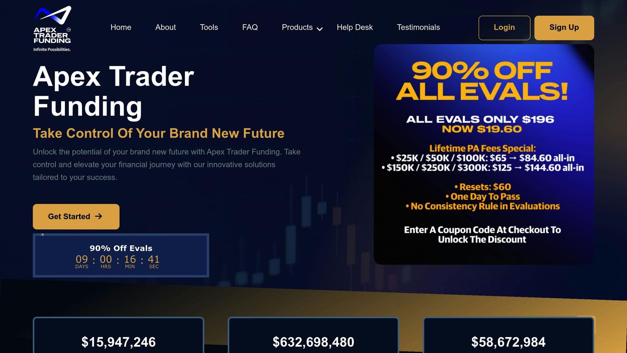 Apex Trader Funding homepage introducing its trader evaluation program