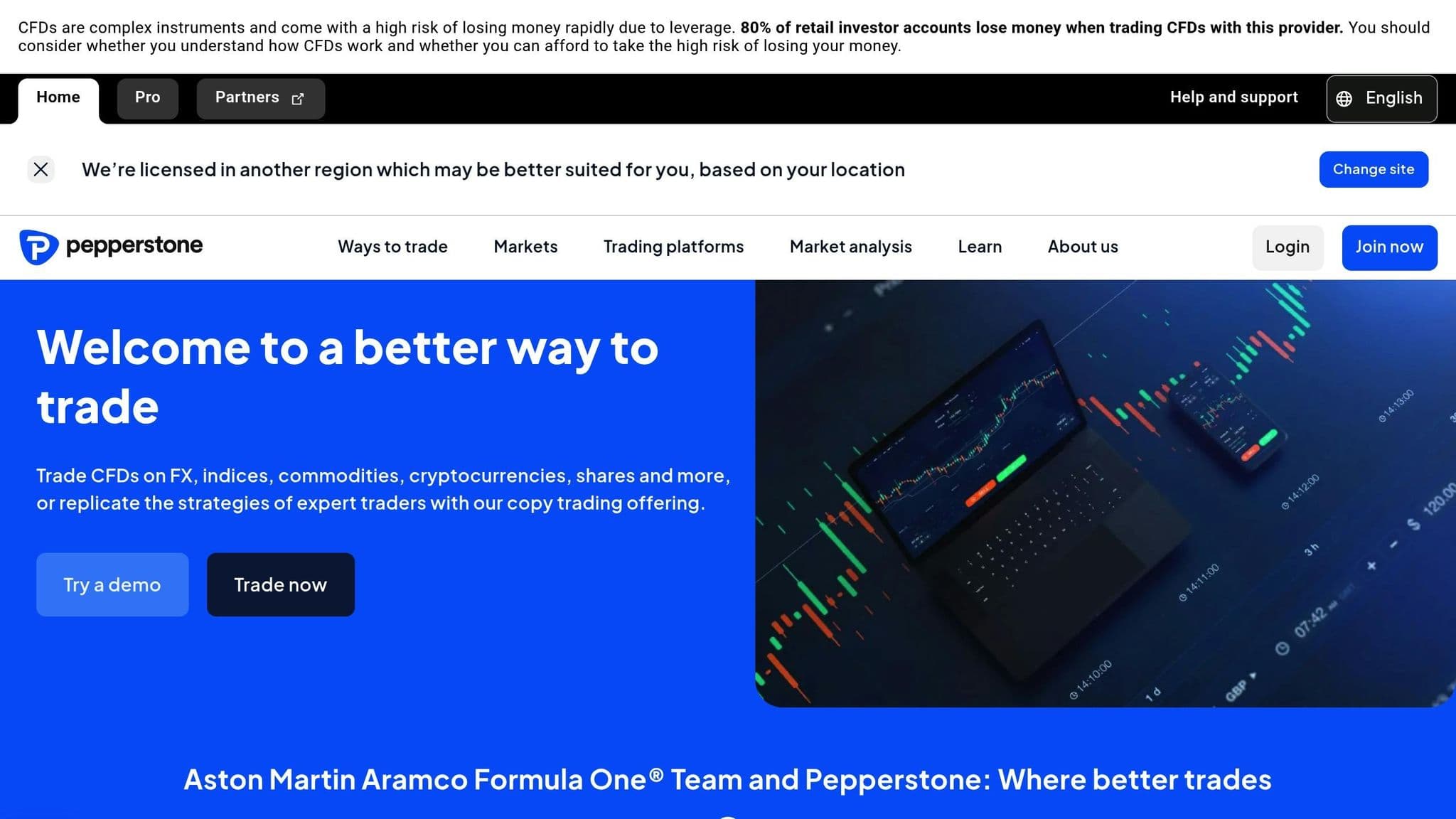 Pepperstone homepage introducing its trading platform and markets