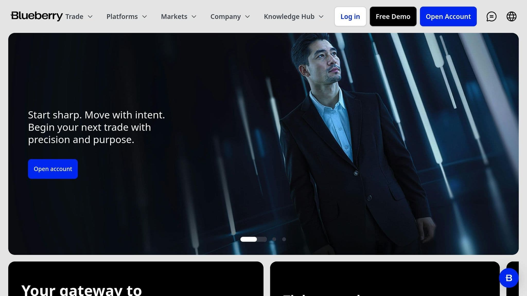 Blueberry Markets homepage introducing its trading services