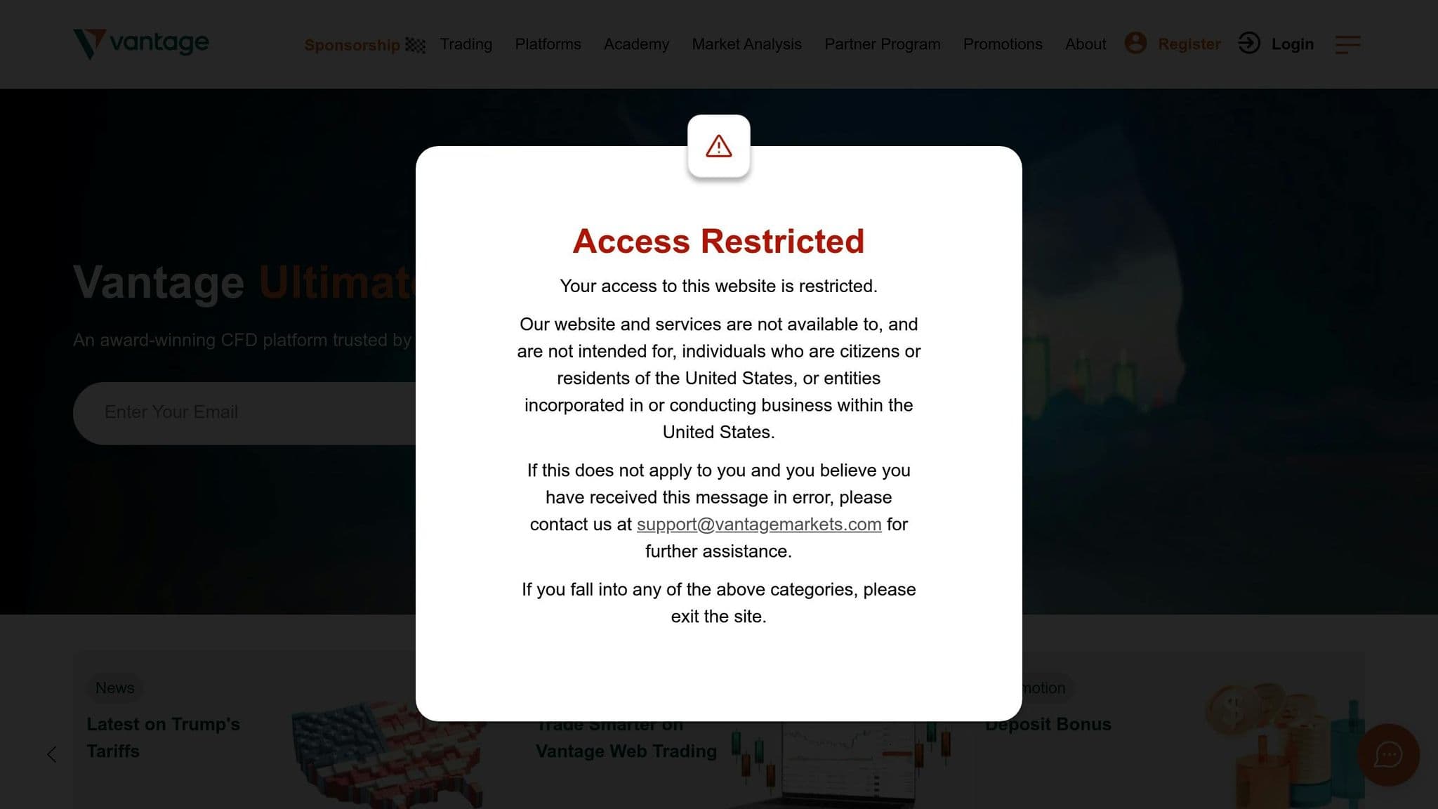 Vantage website displaying an account access restriction notice