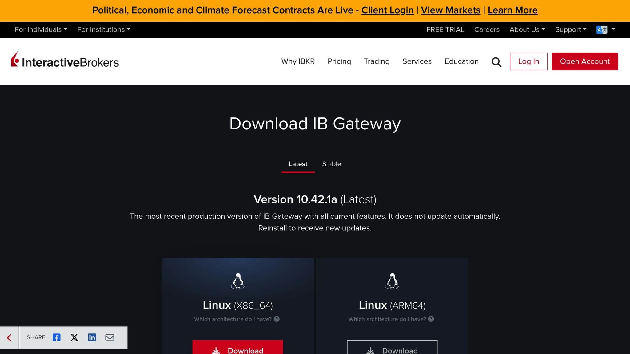 Interactive Brokers IB Gateway download page showing Linux installer options