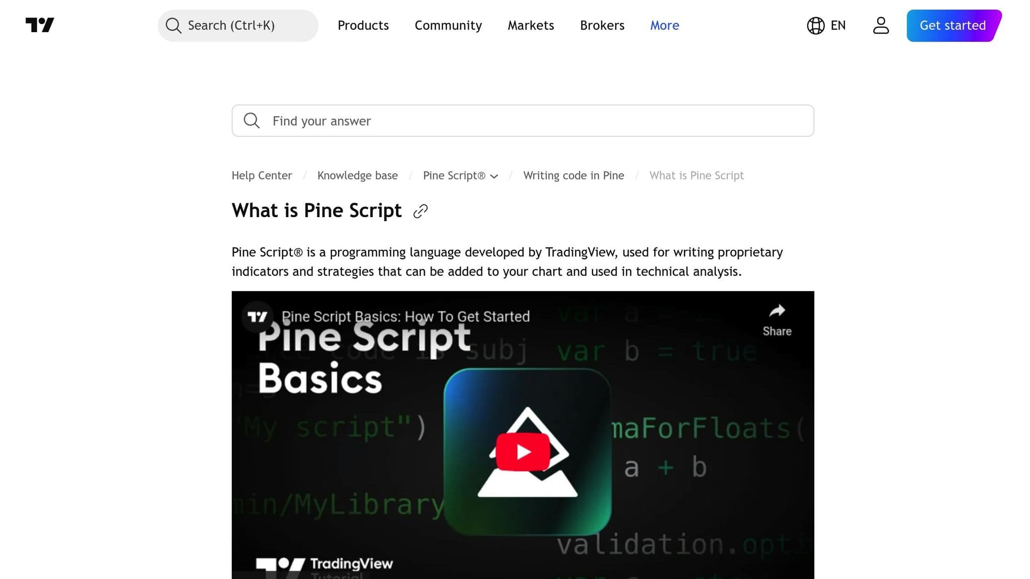 TradingView help page introducing Pine Script and its beginner tutorial