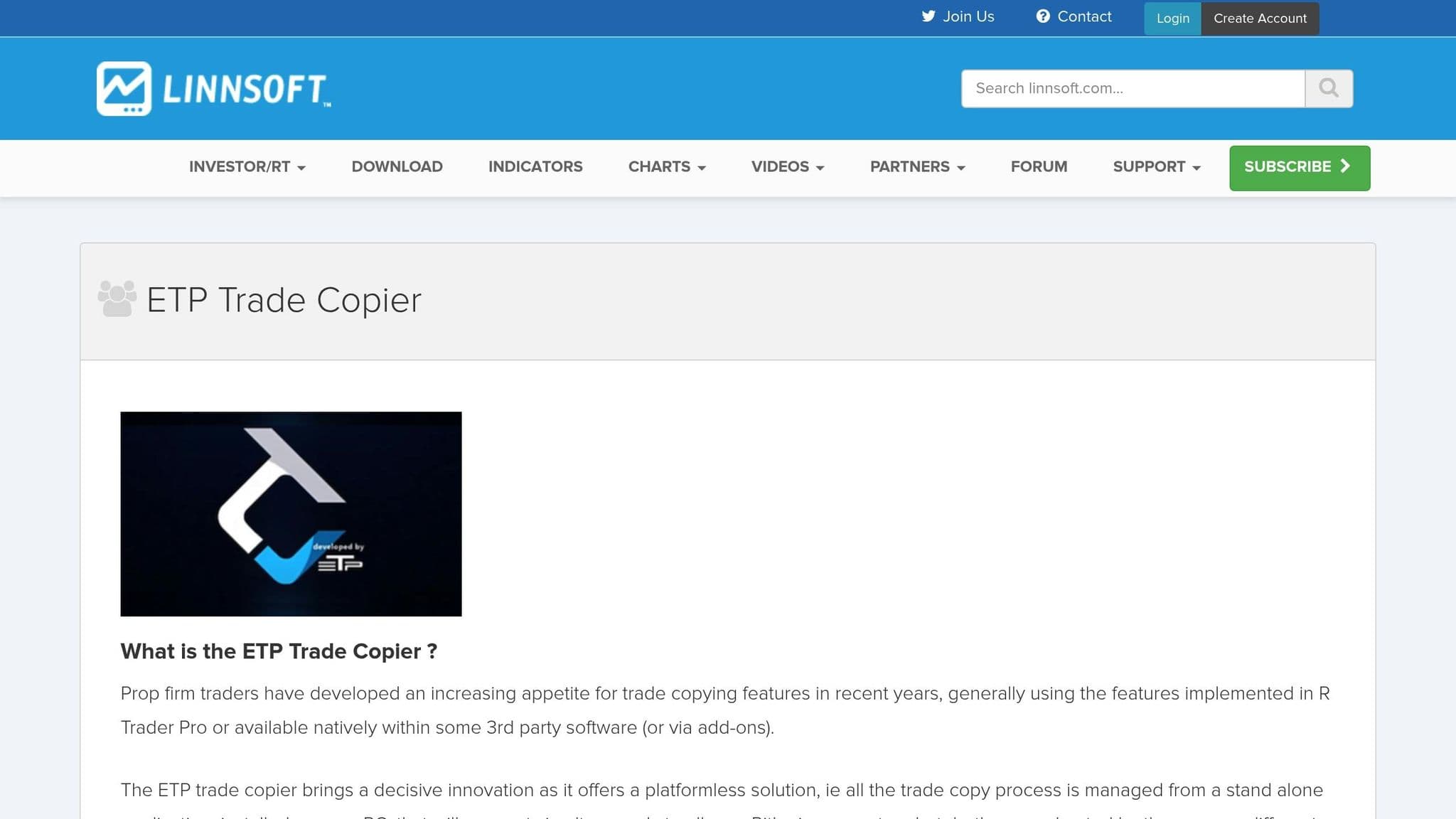 Linnsoft product page explaining the ETP Trade Copier