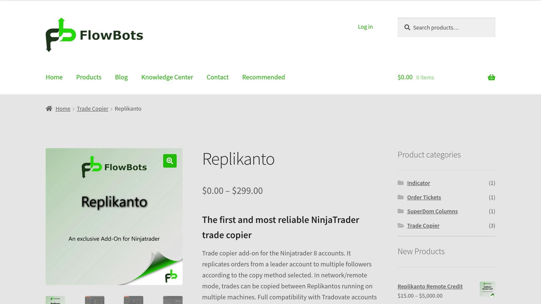 FlowBots product page showing Replikanto pricing and trade copier features