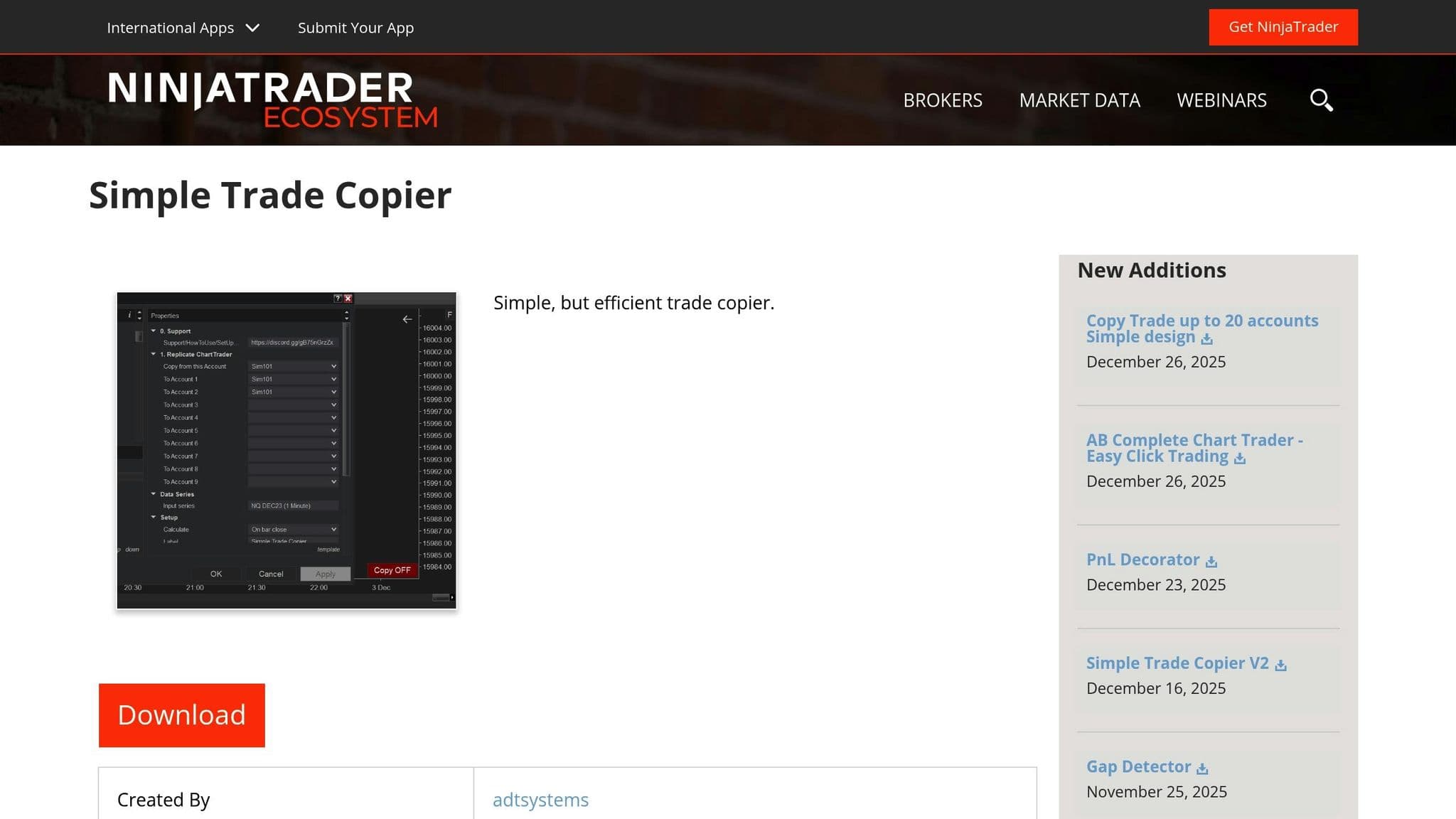 NinjaTrader Ecosystem download page for Simple Trade Copier