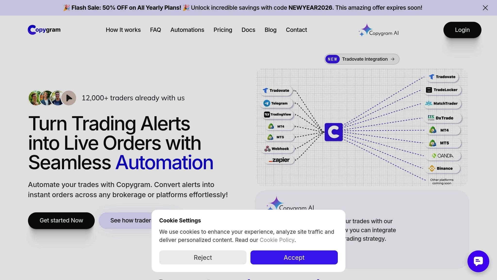 Copygram homepage showing trading alerts connected to multiple trading platforms