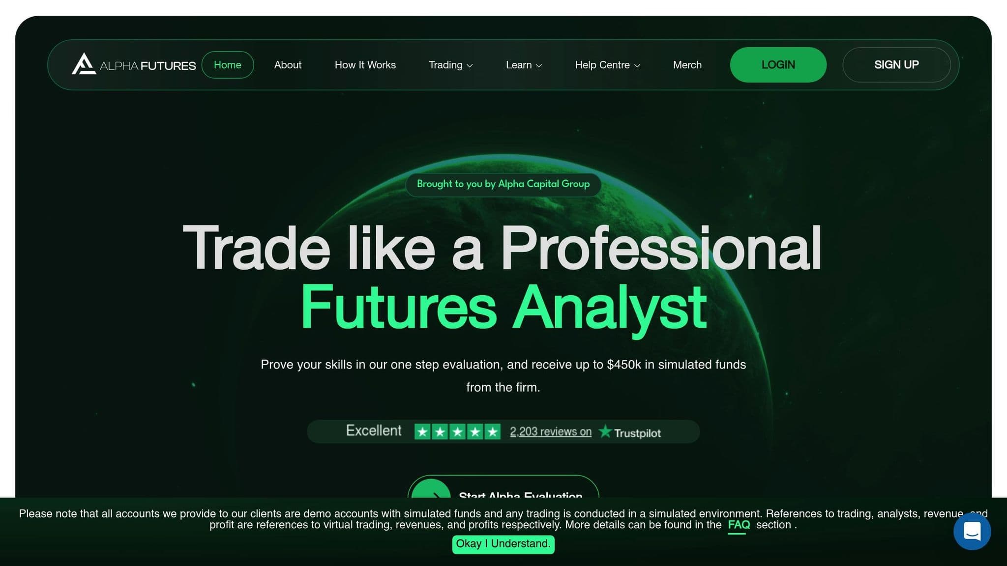 Alpha Futures homepage introducing futures analyst funding