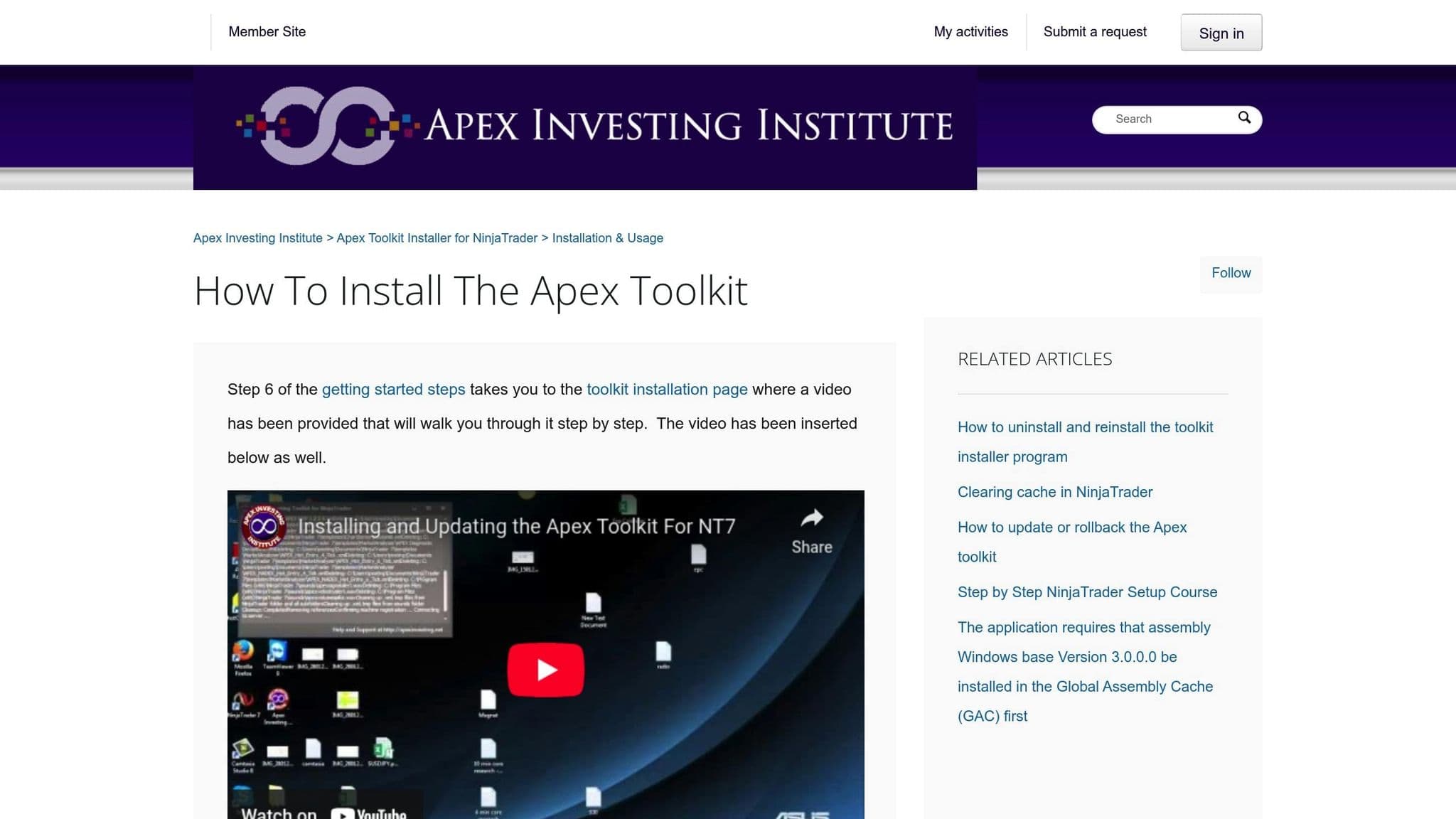 Apex Investing Institute guide showing how to install the Apex Toolkit