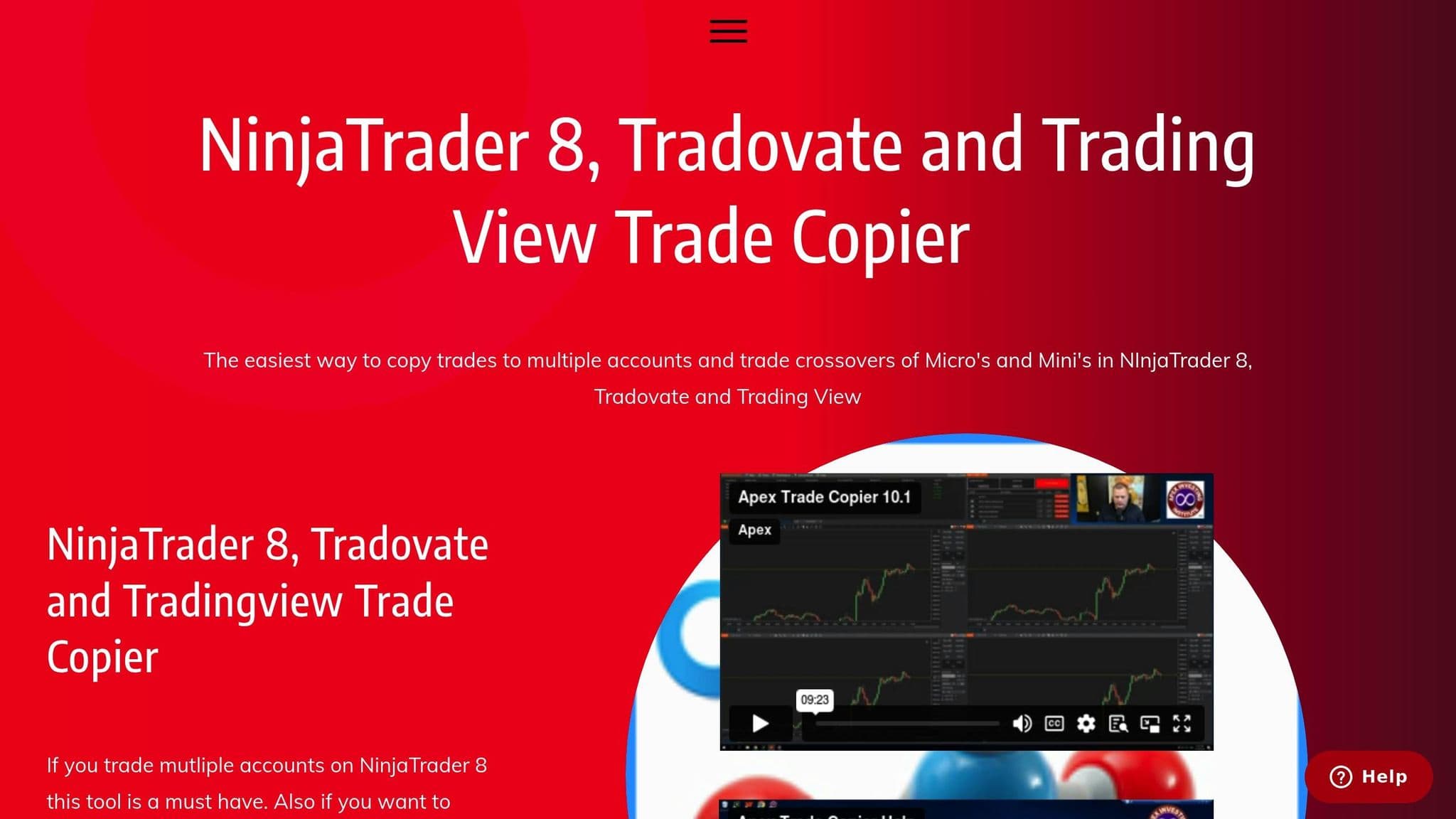 Apex Trade Copier page showing support for NinjaTrader, Tradovate and TradingView