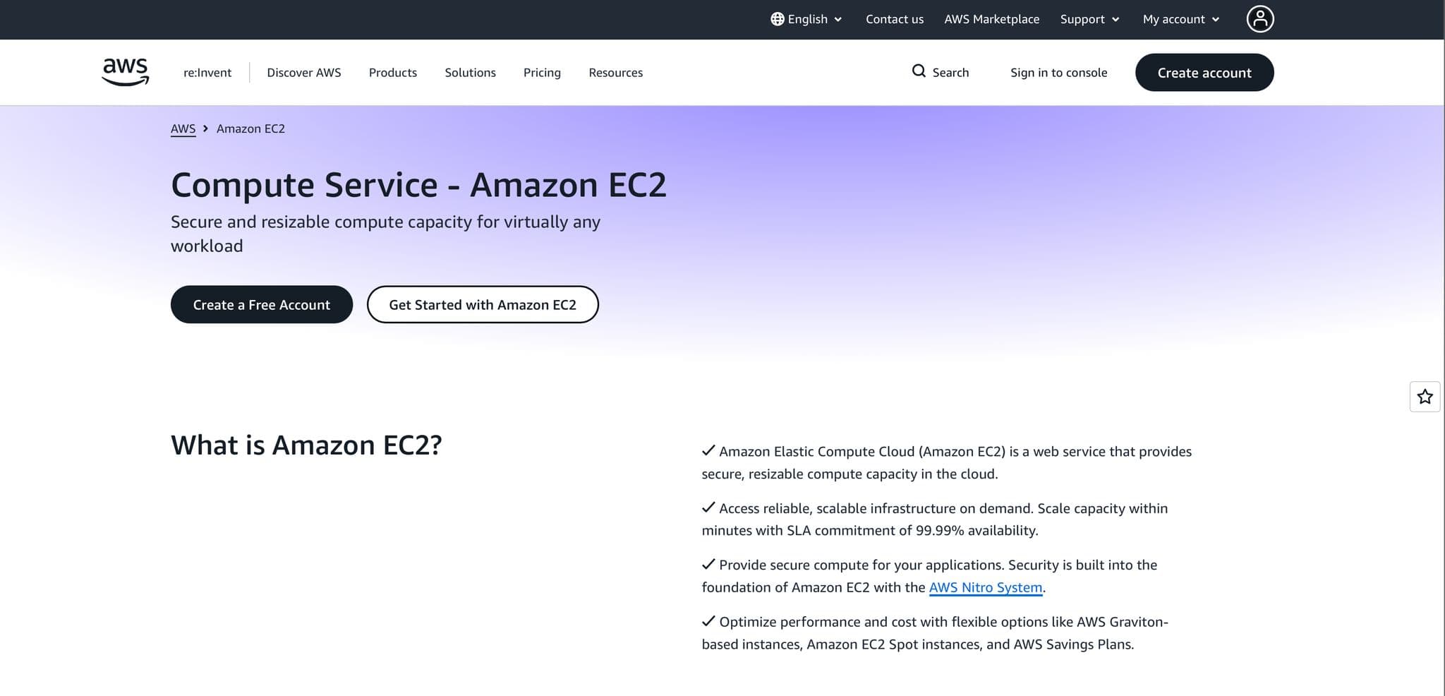 Amazon EC2 product page showing cloud compute options