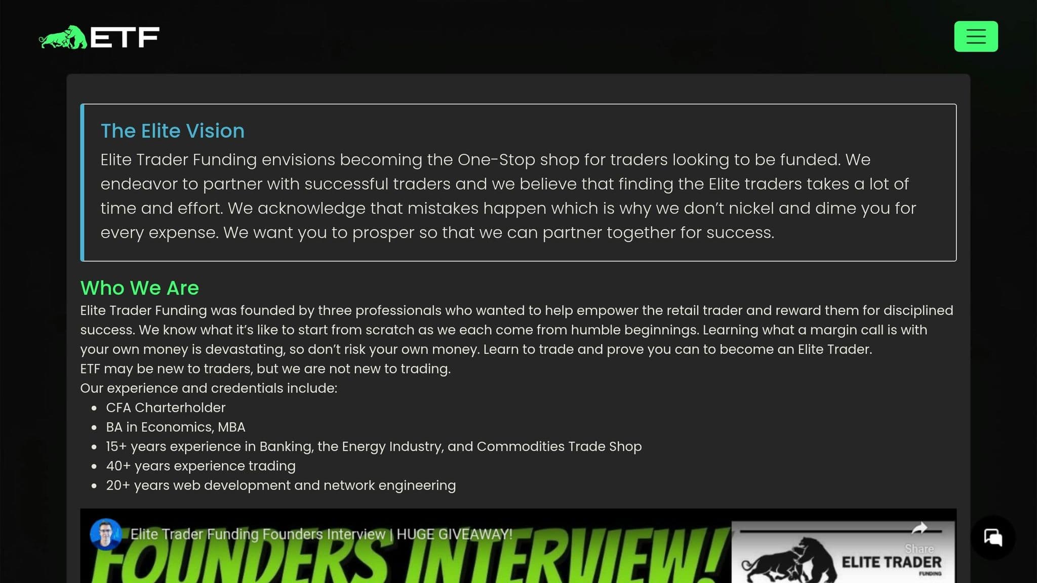 Elite Trader Funding company page introducing its team and funding mission