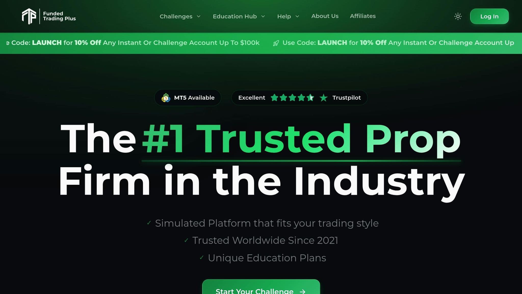 Funded Trading Plus homepage introducing its trader funding programs