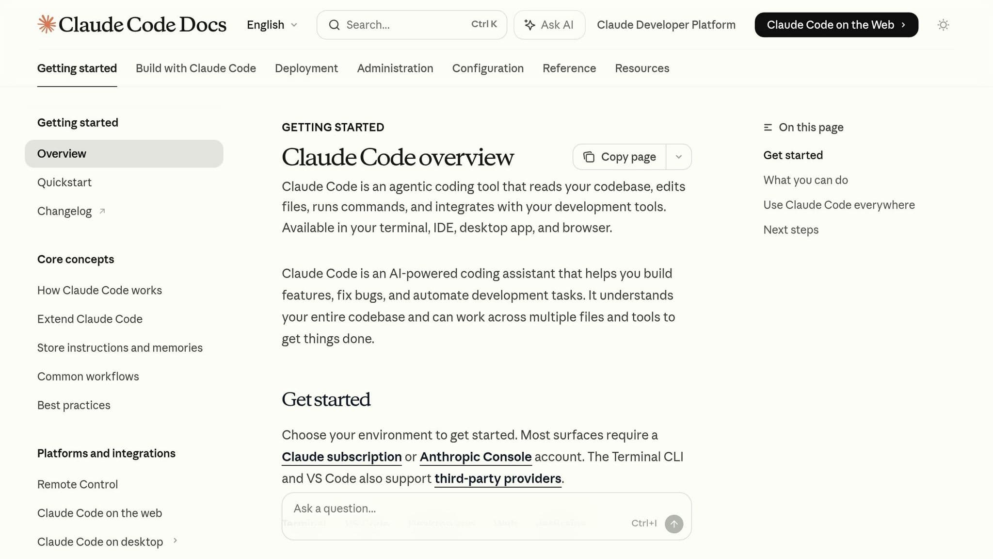 Claude Code documentation overview with installation and setup instructions
