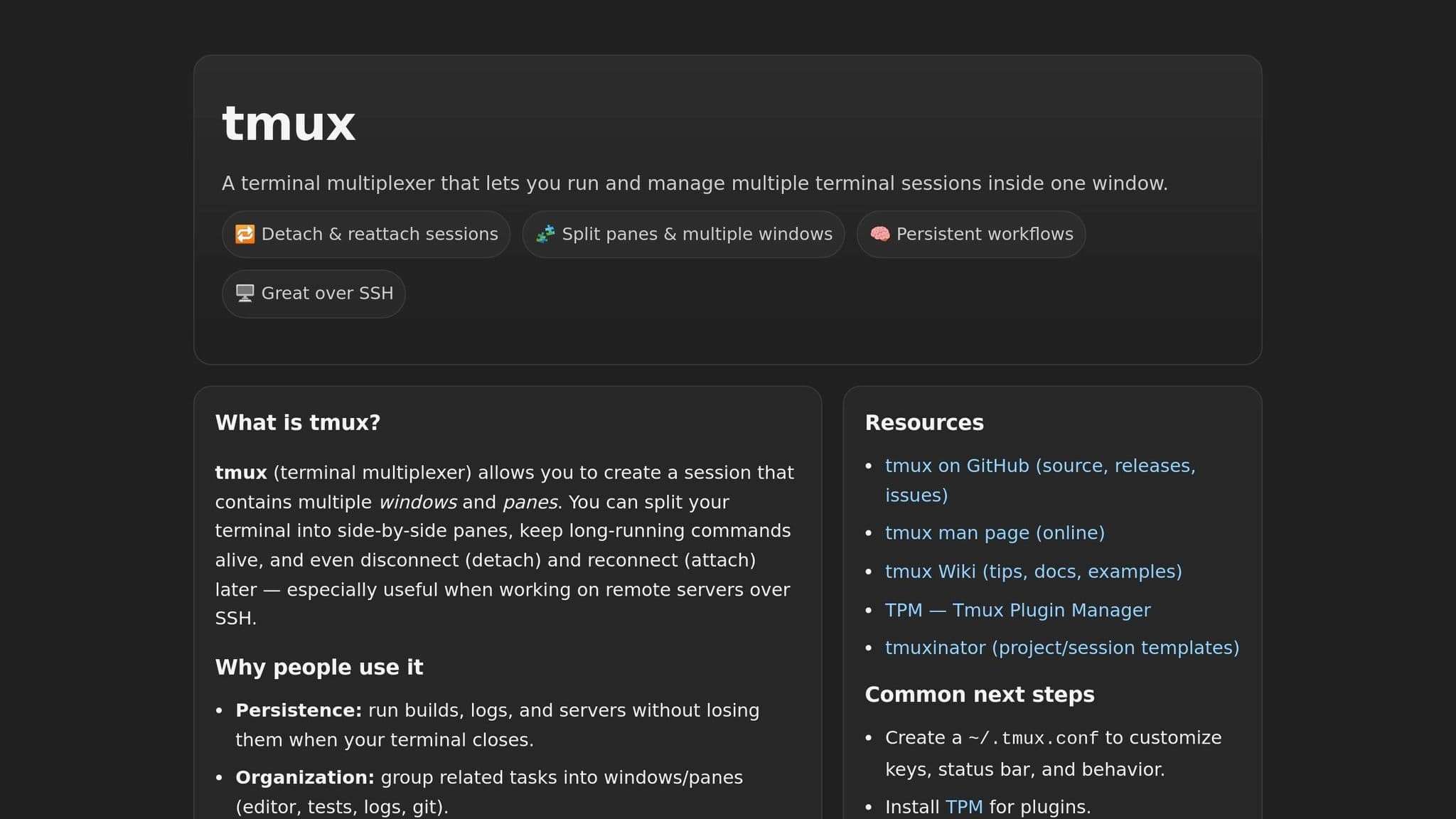 Tmux documentation explaining persistent terminal sessions and features