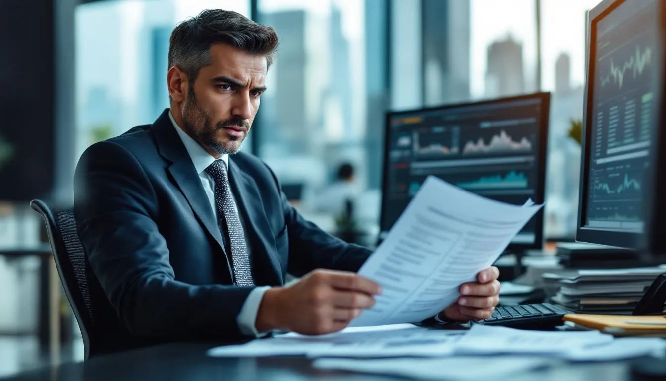 A trader is focused on reviewing risk management rules and evaluation criteria, surrounded by documents and charts related to their trading account. This scene highlights the importance of managing risk and maintaining consistent performance for successful trading, particularly in futures trading.