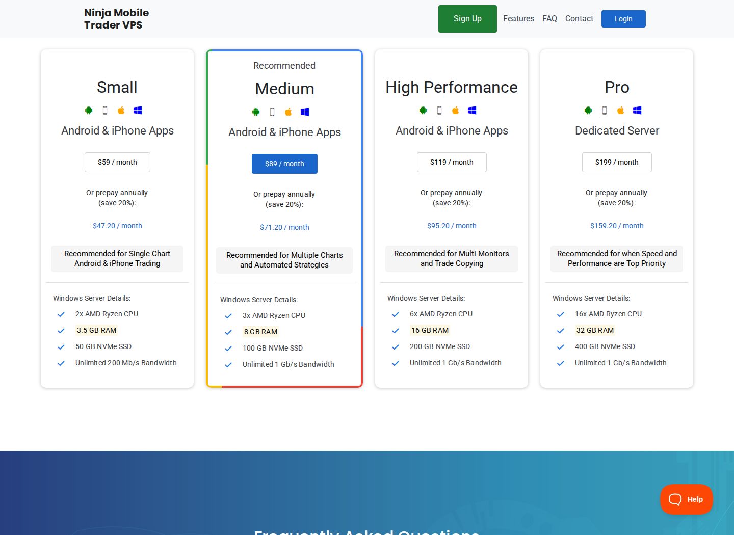 Ninja Mobile Trader pricing page, October 2026