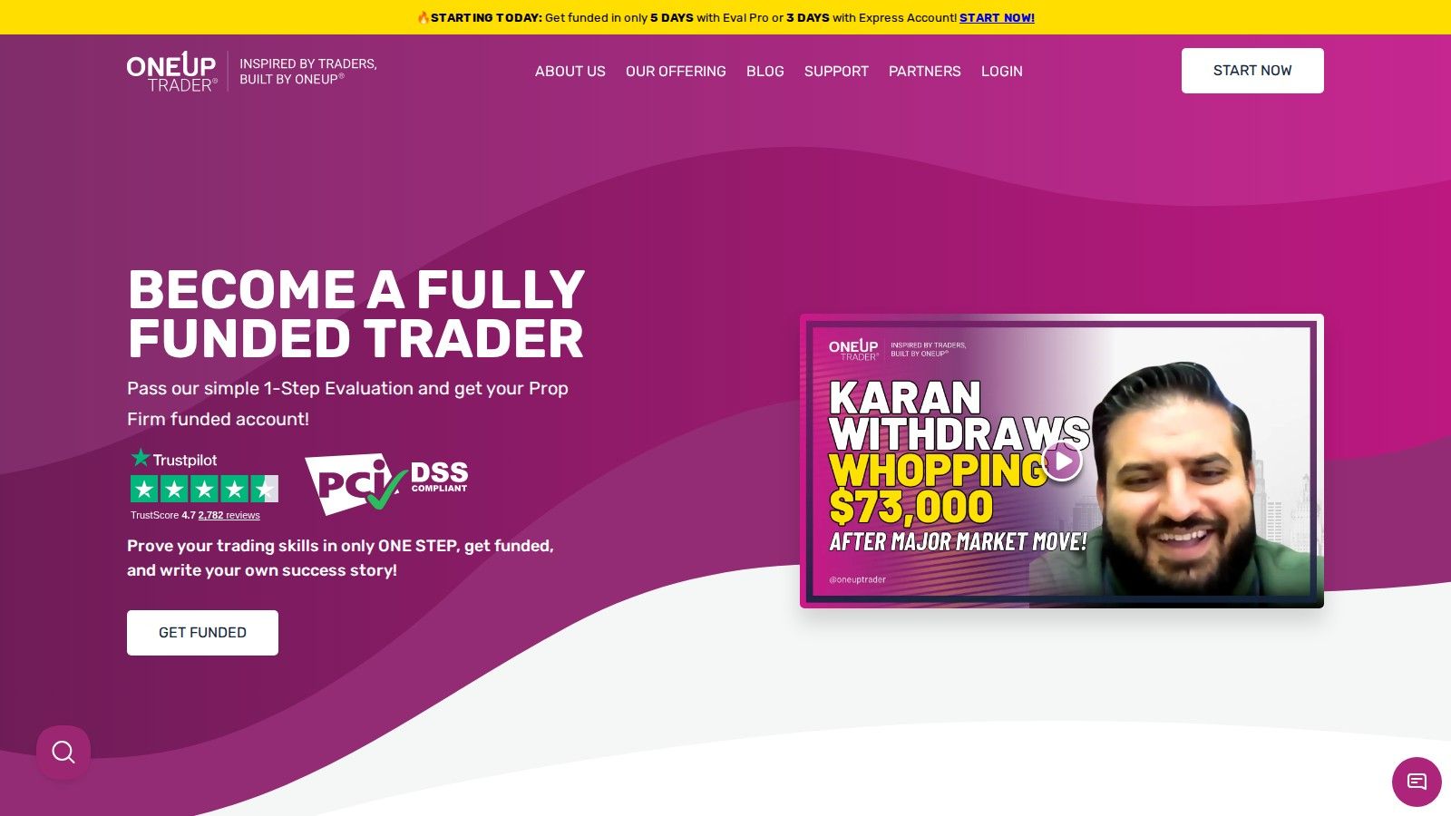 OneUp Trader homepage, October 2026