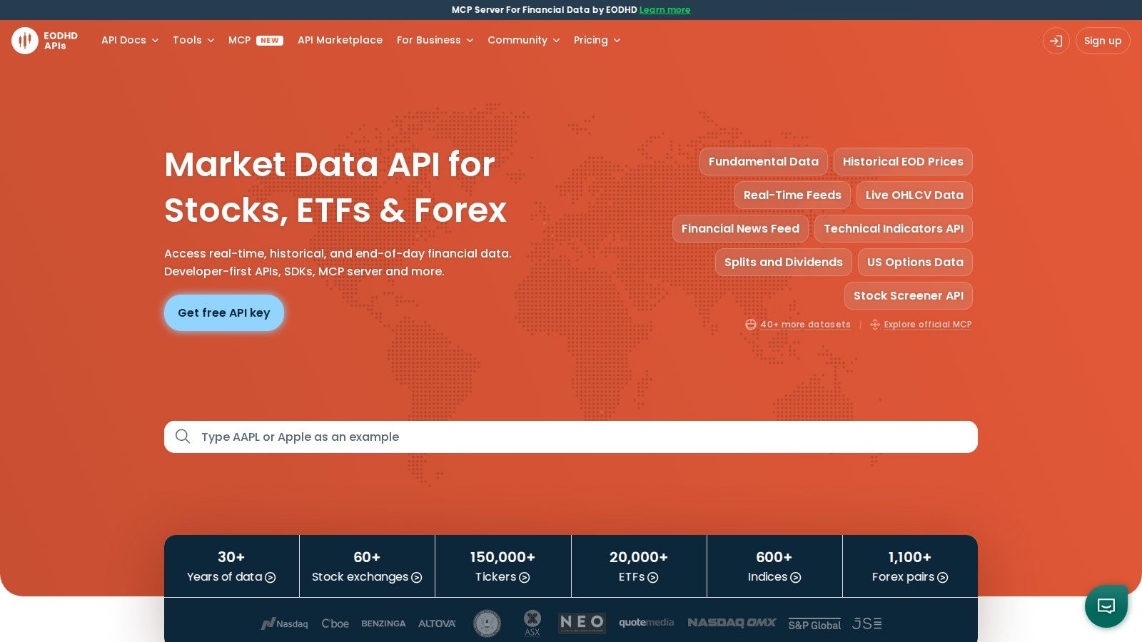 EOD Historical Data homepage, October 2026