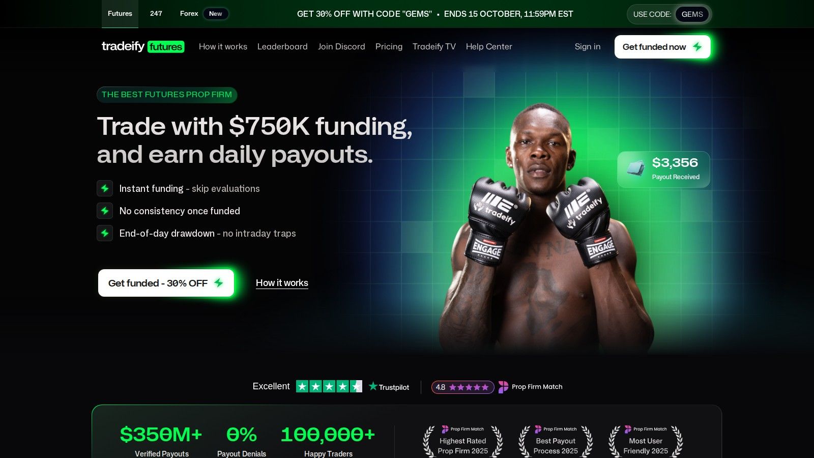 Tradeify homepage, October 2026