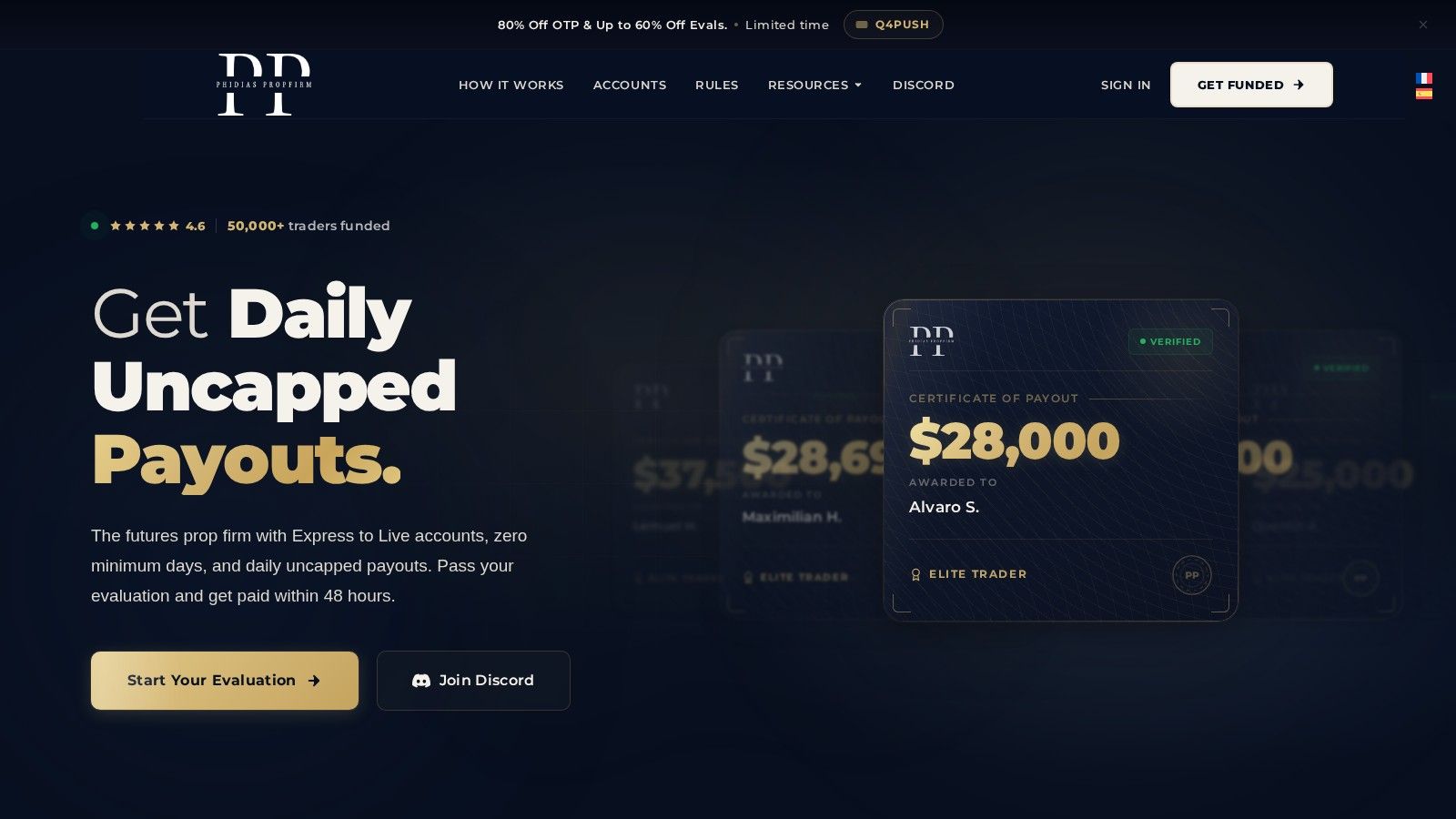 Phidias PropFirm homepage, October 2026