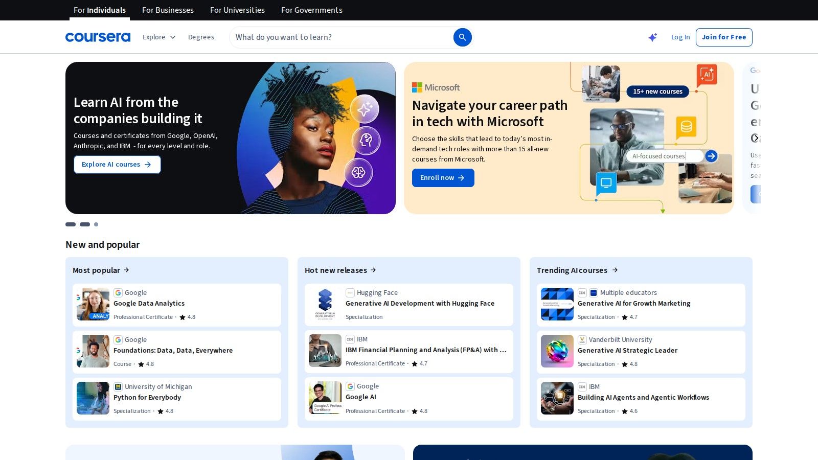 Coursera homepage, October 2026