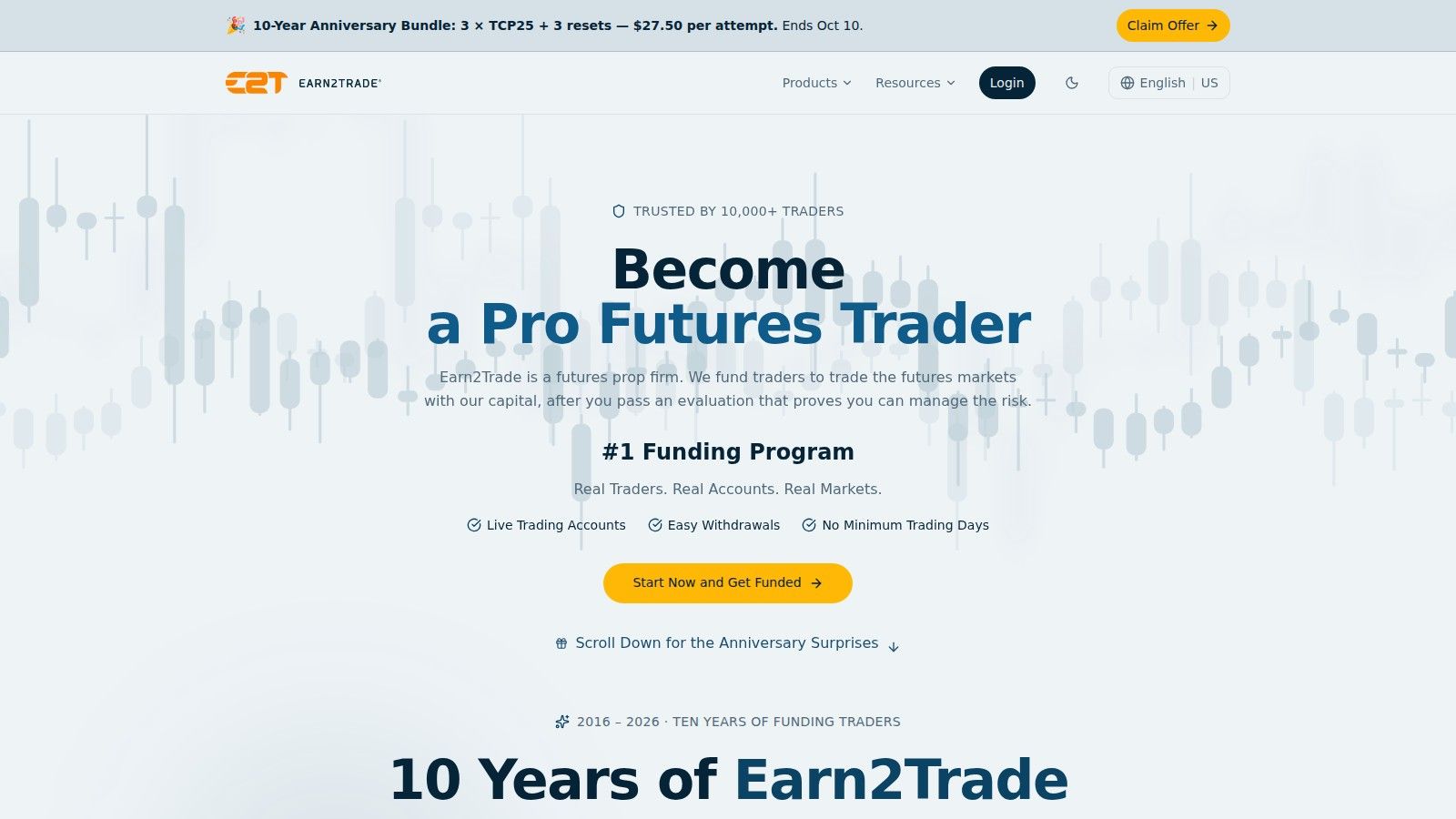 Earn2Trade homepage, October 2026