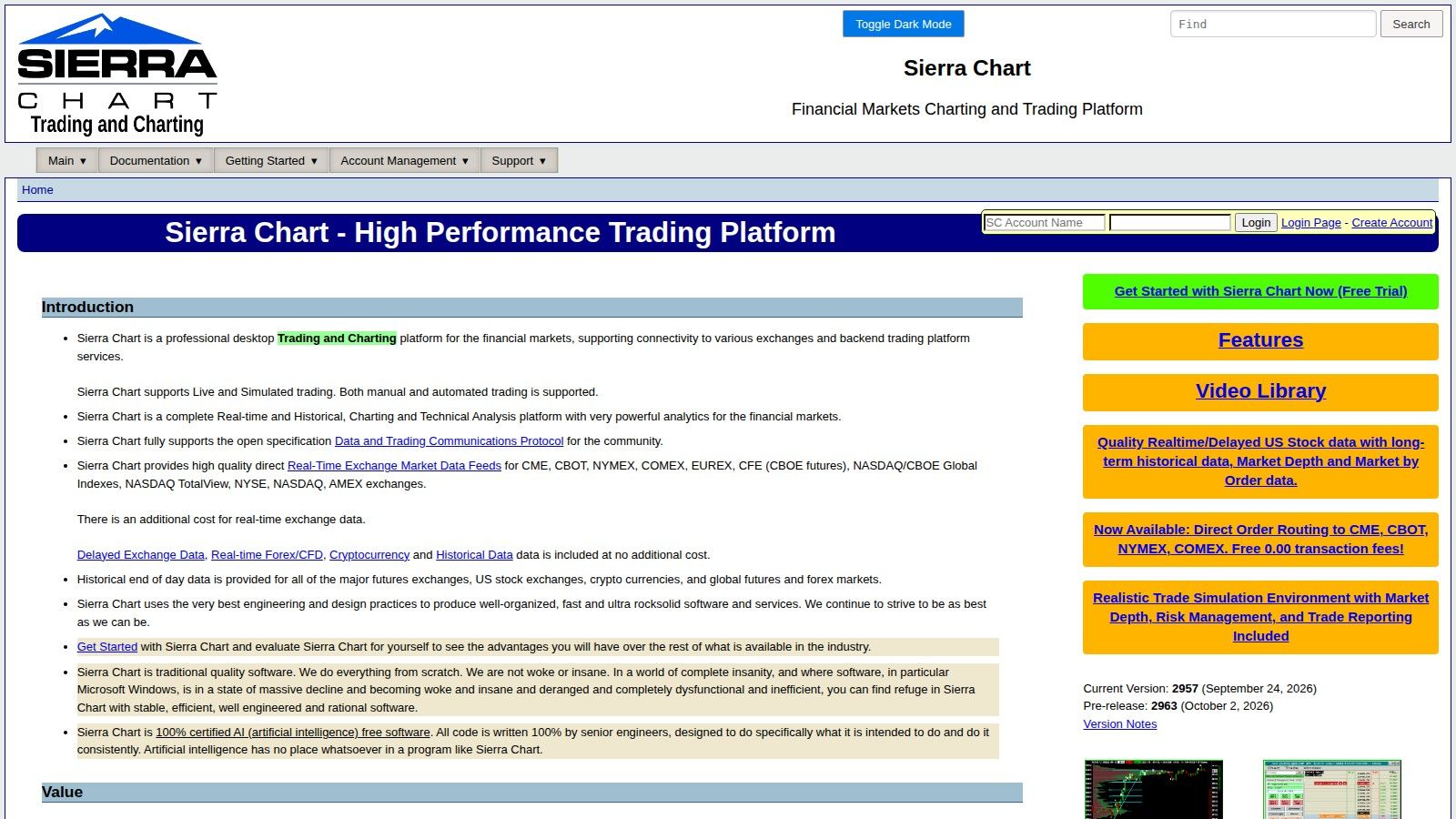 Sierra Chart homepage, October 2026