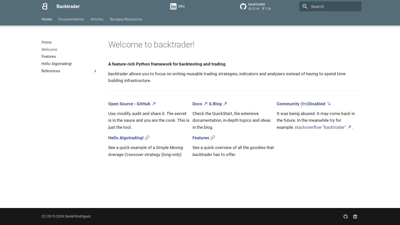 Backtrader homepage, October 2026