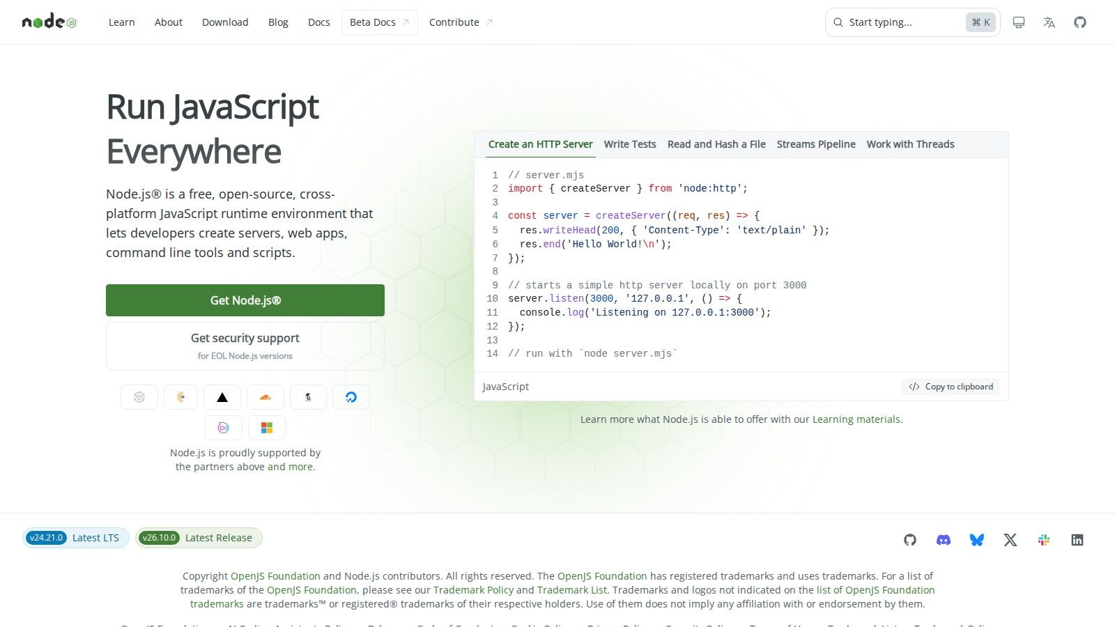 Node.js homepage, October 2026