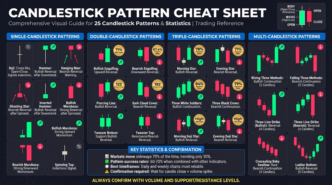 25 Essential Candlestick Patterns Quick Reference Guide