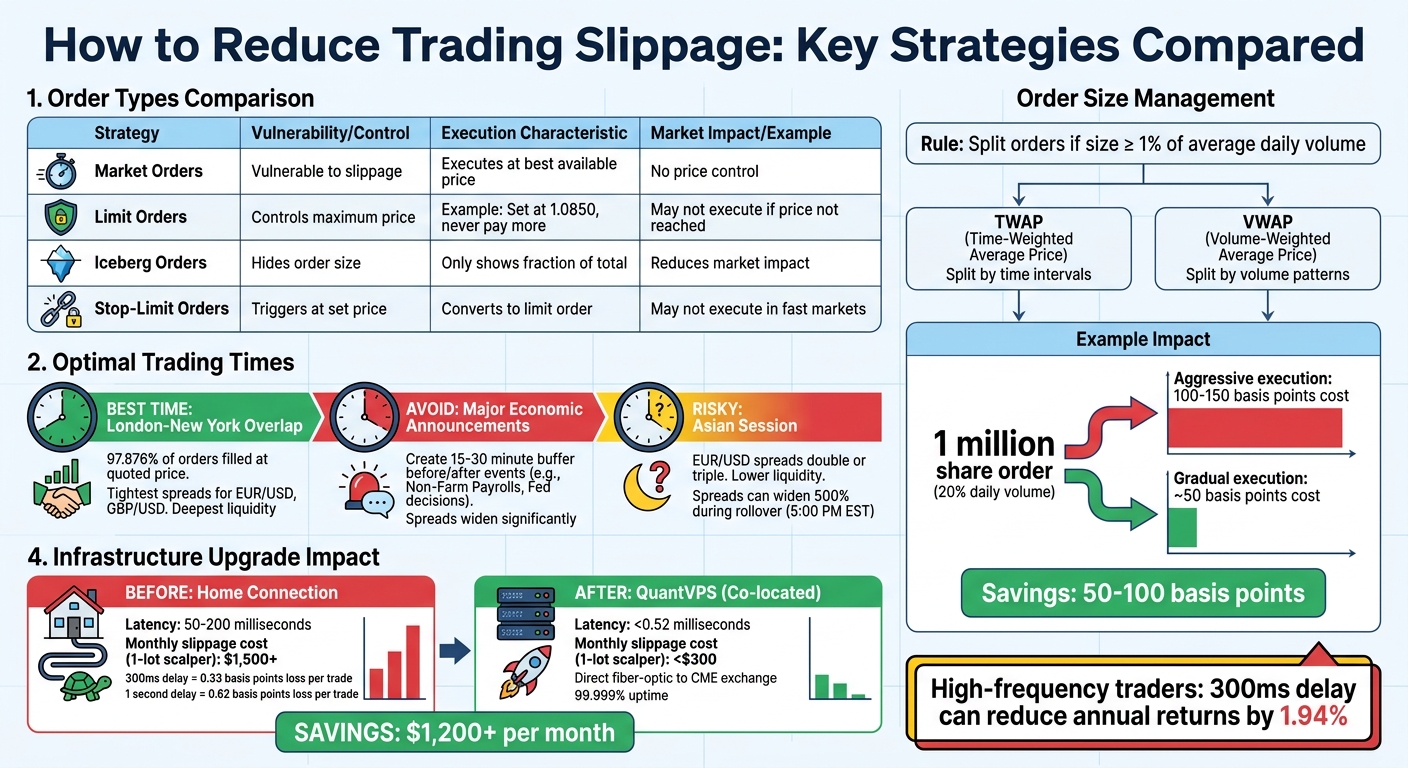 Trading Slippage Reduction Strategies: Order Types, Timing, and Infrastructure Comparison